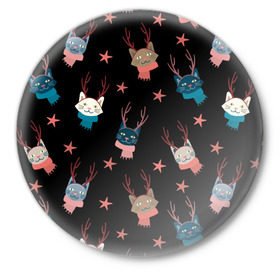 Значок с принтом Праздничный котик ,  металл | круглая форма, металлическая застежка в виде булавки | елка | котик | новый год | рога | снег | снежинки