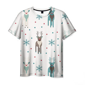 Мужская футболка 3D с принтом Новогодний олень , 100% полиэфир | прямой крой, круглый вырез горловины, длина до линии бедер | 