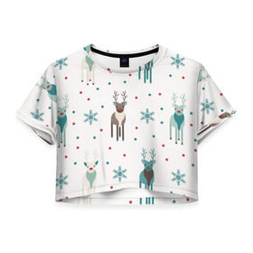 Женская футболка 3D укороченная с принтом Новогодний олень , 100% полиэстер | круглая горловина, длина футболки до линии талии, рукава с отворотами | 