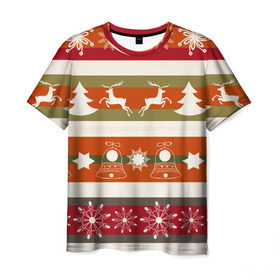 Мужская футболка 3D с принтом Новогодняя текстура , 100% полиэфир | прямой крой, круглый вырез горловины, длина до линии бедер | елка | колокольчик | новый год | олени | снег | снежинки