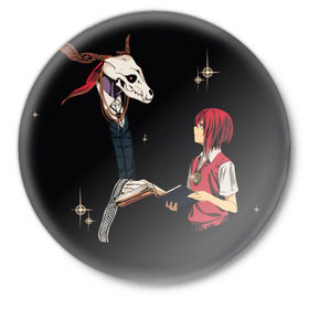 Значок с принтом Mahou Tsukai no Yome ,  металл | круглая форма, металлическая застежка в виде булавки | девушка | красные волосы | монстр | невеста чародея