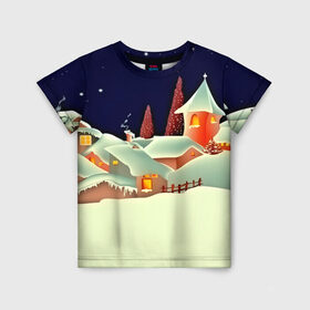 Детская футболка 3D с принтом Новогодняя ночь! , 100% гипоаллергенный полиэфир | прямой крой, круглый вырез горловины, длина до линии бедер, чуть спущенное плечо, ткань немного тянется | christmas | new year | елка | елочки | новогодний | новый год | рождество | снег | снежинки