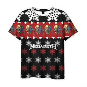 Мужская футболка 3D с принтом Праздничный Megadeth , 100% полиэфир | прямой крой, круглый вырез горловины, длина до линии бедер | me | megadeth | группа | дирк вербурен | дэвид эллефсон | дэйв мастейн | знак | кико лоурейро | красный | мегадет | метал | надпись | новогодний | новый год | праздник | рождество | рок | снежинки | трэш