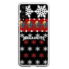 Чехол для Honor 20 с принтом Праздничный Megadeth , Силикон | Область печати: задняя сторона чехла, без боковых панелей | me | megadeth | группа | дирк вербурен | дэвид эллефсон | дэйв мастейн | знак | кико лоурейро | красный | мегадет | метал | надпись | новогодний | новый год | праздник | рождество | рок | снежинки | трэш