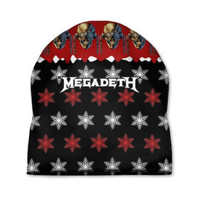 Шапка 3D с принтом Праздничный Megadeth , 100% полиэстер | универсальный размер, печать по всей поверхности изделия | me | megadeth | группа | дирк вербурен | дэвид эллефсон | дэйв мастейн | знак | кико лоурейро | красный | мегадет | метал | надпись | новогодний | новый год | праздник | рождество | рок | снежинки | трэш