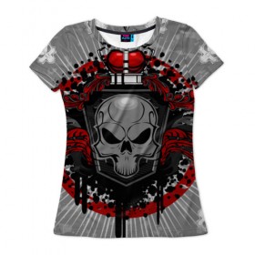Женская футболка 3D с принтом Рыцарь тьмы , 100% полиэфир ( синтетическое хлопкоподобное полотно) | прямой крой, круглый вырез горловины, длина до линии бедер | ад | брызги | дьявол | красный | монстр | череп