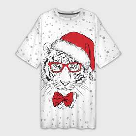 Платье-футболка 3D с принтом Тигр Санта Клаус ,  |  | animal | bow | christmas | holiday | new year | predator | santa claus | snow | tiger | view | winter | бант | взгляд | дед мороз | животное | зима | новый год | очки | праздник | рождество | санта клаус | снег | тигр | хищник
