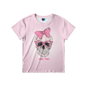 Детская футболка 3D с принтом Think pinki , 100% гипоаллергенный полиэфир | прямой крой, круглый вырез горловины, длина до линии бедер, чуть спущенное плечо, ткань немного тянется | Тематика изображения на принте: бантик | очки | розовый | череп