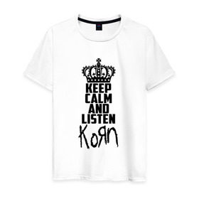 Мужская футболка хлопок с принтом Keep calm and listen Korn , 100% хлопок | прямой крой, круглый вырез горловины, длина до линии бедер, слегка спущенное плечо. | korn | koяn | арвизу | дэвис | корн | коян | лузье | манки | уэлч | филди | филипп | хэд | шаффер