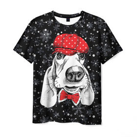 Мужская футболка 3D с принтом Бассет-хаунд , 100% полиэфир | прямой крой, круглый вырез горловины, длина до линии бедер | bow | breed | cap | christmas | dog | holiday | new year | red | wint | бант | бассет хаунд | белый | взгляд | горошек | зима | красный | новый год | порода | праздник | рождество | снег | снежинки | собака | фуражка