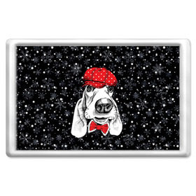 Магнит 45*70 с принтом Бассет-хаунд , Пластик | Размер: 78*52 мм; Размер печати: 70*45 | Тематика изображения на принте: bow | breed | cap | christmas | dog | holiday | new year | red | wint | бант | бассет хаунд | белый | взгляд | горошек | зима | красный | новый год | порода | праздник | рождество | снег | снежинки | собака | фуражка