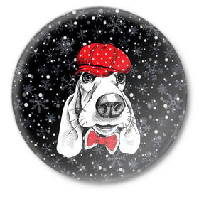 Значок с принтом Бассет-хаунд ,  металл | круглая форма, металлическая застежка в виде булавки | bow | breed | cap | christmas | dog | holiday | new year | red | wint | бант | бассет хаунд | белый | взгляд | горошек | зима | красный | новый год | порода | праздник | рождество | снег | снежинки | собака | фуражка