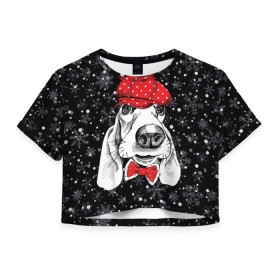 Женская футболка 3D укороченная с принтом Бассет-хаунд , 100% полиэстер | круглая горловина, длина футболки до линии талии, рукава с отворотами | bow | breed | cap | christmas | dog | holiday | new year | red | wint | бант | бассет хаунд | белый | взгляд | горошек | зима | красный | новый год | порода | праздник | рождество | снег | снежинки | собака | фуражка