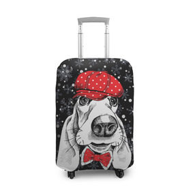 Чехол для чемодана 3D с принтом Бассет-хаунд , 86% полиэфир, 14% спандекс | двустороннее нанесение принта, прорези для ручек и колес | bow | breed | cap | christmas | dog | holiday | new year | red | wint | бант | бассет хаунд | белый | взгляд | горошек | зима | красный | новый год | порода | праздник | рождество | снег | снежинки | собака | фуражка