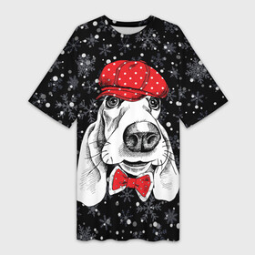 Платье-футболка 3D с принтом Бассет хаунд ,  |  | bow | breed | cap | christmas | dog | holiday | new year | red | wint | бант | бассет хаунд | белый | взгляд | горошек | зима | красный | новый год | порода | праздник | рождество | снег | снежинки | собака | фуражка