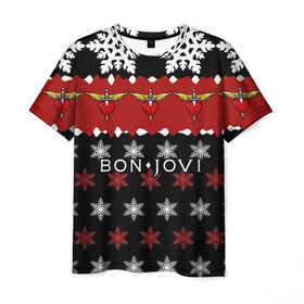 Мужская футболка 3D с принтом Праздничный Bon Jovi , 100% полиэфир | прямой крой, круглый вырез горловины, длина до линии бедер | Тематика изображения на принте: bon | jovi | бон | группа | джови | новогодний | новый год | праздник | рождество | рок | снежинки