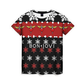 Женская футболка 3D с принтом Праздничный Bon Jovi , 100% полиэфир ( синтетическое хлопкоподобное полотно) | прямой крой, круглый вырез горловины, длина до линии бедер | bon | jovi | бон | группа | джови | новогодний | новый год | праздник | рождество | рок | снежинки