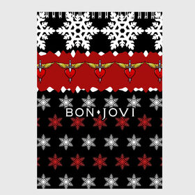 Скетчбук с принтом Праздничный Bon Jovi , 100% бумага
 | 48 листов, плотность листов — 100 г/м2, плотность картонной обложки — 250 г/м2. Листы скреплены сверху удобной пружинной спиралью | Тематика изображения на принте: bon | jovi | бон | группа | джови | новогодний | новый год | праздник | рождество | рок | снежинки