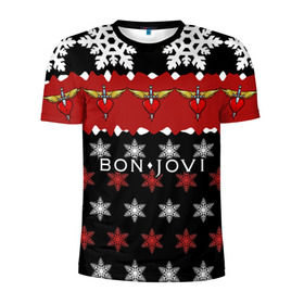 Мужская футболка 3D спортивная с принтом Праздничный Bon Jovi , 100% полиэстер с улучшенными характеристиками | приталенный силуэт, круглая горловина, широкие плечи, сужается к линии бедра | bon | jovi | бон | группа | джови | новогодний | новый год | праздник | рождество | рок | снежинки