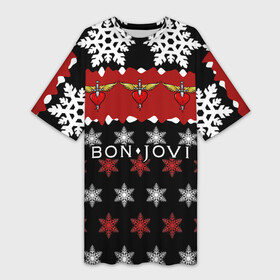 Платье-футболка 3D с принтом Праздничный Bon Jovi ,  |  | bon | jovi | бон | группа | джови | новогодний | новый год | праздник | рождество | рок | снежинки