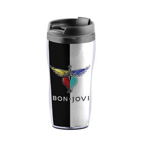 Термокружка-непроливайка с принтом Bon Jovi , внутренняя часть — пищевой пластик, наружная часть — прозрачный пластик, между ними — полиграфическая вставка с рисунком | объем — 350 мл, герметичная крышка | bon | jovi | бон | бон джови | джови | рок группа