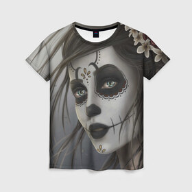 Женская футболка 3D с принтом Skull , 100% полиэфир ( синтетическое хлопкоподобное полотно) | прямой крой, круглый вырез горловины, длина до линии бедер | Тематика изображения на принте: halloween | skull | sugar skull | мексика | хэллоуин | череп