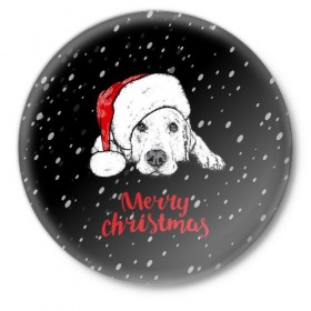 Значок с принтом Собака Санта ,  металл | круглая форма, металлическая застежка в виде булавки | Тематика изображения на принте: дед мороз | зима | новогодний | рождество | снег | шапка