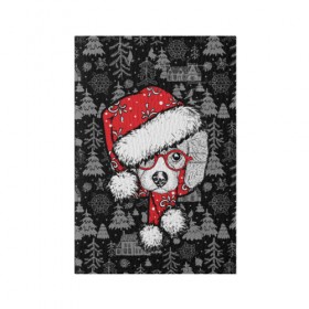 Обложка для паспорта матовая кожа с принтом Собака, Санта , натуральная матовая кожа | размер 19,3 х 13,7 см; прозрачные пластиковые крепления | Тематика изображения на принте: дед мороз | новогодний | рождество | шапка | шарф