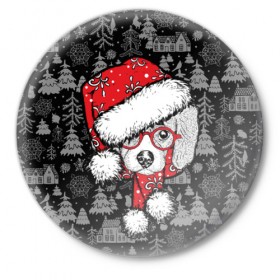 Значок с принтом Собака, Санта ,  металл | круглая форма, металлическая застежка в виде булавки | Тематика изображения на принте: дед мороз | новогодний | рождество | шапка | шарф