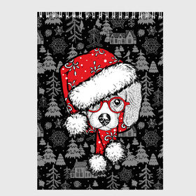 Скетчбук с принтом Собака, Санта , 100% бумага
 | 48 листов, плотность листов — 100 г/м2, плотность картонной обложки — 250 г/м2. Листы скреплены сверху удобной пружинной спиралью | дед мороз | новогодний | рождество | шапка | шарф