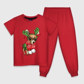 Детская пижама хлопок с принтом Год собаки , 100% хлопок |  брюки и футболка прямого кроя, без карманов, на брюках мягкая резинка на поясе и по низу штанин
 | Тематика изображения на принте: christmas | deer | dog | holiday | horns | new year | scarf | snow | snowflakes | sweater | winter | зима | новый год | олень | праздник | рога | рождество | свитер | снег | снежинки | собака | шарф
