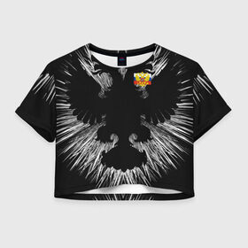 Женская футболка 3D укороченная с принтом RUSSIA - Black Collection , 100% полиэстер | круглая горловина, длина футболки до линии талии, рукава с отворотами | герб | россия | флаг