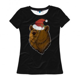 Женская футболка 3D с принтом Новогодний медведь , 100% полиэфир ( синтетическое хлопкоподобное полотно) | прямой крой, круглый вырез горловины, длина до линии бедер | мишка | рождество | шапка