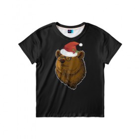 Детская футболка 3D с принтом Новогодний медведь , 100% гипоаллергенный полиэфир | прямой крой, круглый вырез горловины, длина до линии бедер, чуть спущенное плечо, ткань немного тянется | мишка | рождество | шапка