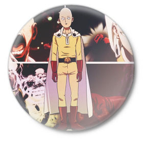Значок с принтом Сайтама ,  металл | круглая форма, металлическая застежка в виде булавки | Тематика изображения на принте: anime | one punch man | аниме | сайтама