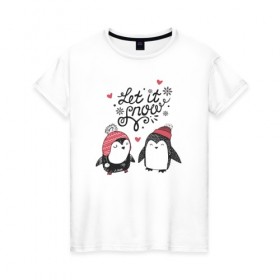 Женская футболка хлопок с принтом Пингвинчики , 100% хлопок | прямой крой, круглый вырез горловины, длина до линии бедер, слегка спущенное плечо | зима | новый год | пингвин | подарок | рождество