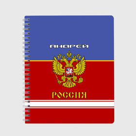 Тетрадь с принтом Хоккеист Андрей , 100% бумага | 48 листов, плотность листов — 60 г/м2, плотность картонной обложки — 250 г/м2. Листы скреплены сбоку удобной пружинной спиралью. Уголки страниц и обложки скругленные. Цвет линий — светло-серый
 | Тематика изображения на принте: russia | андре | андрей | андрюха | андрюша | герб россии | россия | рф | форма хоккейная | хоккей