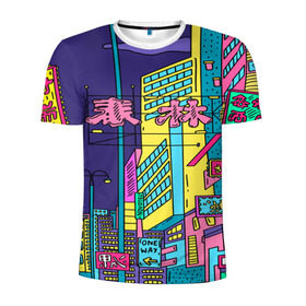 Мужская футболка 3D спортивная с принтом Токио , 100% полиэстер с улучшенными характеристиками | приталенный силуэт, круглая горловина, широкие плечи, сужается к линии бедра | азия | буквы | вывески | иероглифы | кислота | мегаполис | неон | неонуар | флуо | япония | яркий