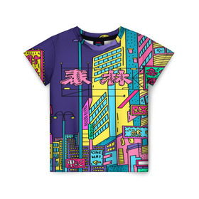 Детская футболка 3D с принтом Токио , 100% гипоаллергенный полиэфир | прямой крой, круглый вырез горловины, длина до линии бедер, чуть спущенное плечо, ткань немного тянется | азия | буквы | вывески | иероглифы | кислота | мегаполис | неон | неонуар | флуо | япония | яркий