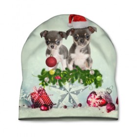 Шапка 3D с принтом Милые собачки , 100% полиэстер | универсальный размер, печать по всей поверхности изделия | christmas | new year | год собаки | елка | елочки | новогодний | новый год | рождество | снег | снежинки | собака