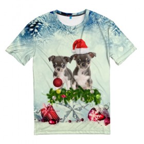 Мужская футболка 3D с принтом Милые собачки , 100% полиэфир | прямой крой, круглый вырез горловины, длина до линии бедер | christmas | new year | год собаки | елка | елочки | новогодний | новый год | рождество | снег | снежинки | собака