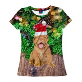 Женская футболка 3D с принтом DOG , 100% полиэфир ( синтетическое хлопкоподобное полотно) | прямой крой, круглый вырез горловины, длина до линии бедер | christmas | new year | santa | год собаки | дед мороз | елка | елочки | новогодний | новый год | рождество | сантаклаус | снег | снежинки | собака