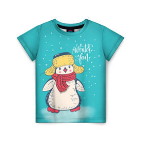 Детская футболка 3D с принтом Пингвин в шарфе , 100% гипоаллергенный полиэфир | прямой крой, круглый вырез горловины, длина до линии бедер, чуть спущенное плечо, ткань немного тянется | Тематика изображения на принте: зима | новый год | пингвин | подарок | рождество