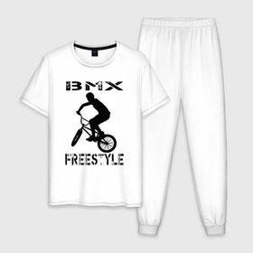 Мужская пижама хлопок с принтом BMX FreeStyle , 100% хлопок | брюки и футболка прямого кроя, без карманов, на брюках мягкая резинка на поясе и по низу штанин
 | Тематика изображения на принте: bmx | freestyle | велик | велосипед | трюки | экстрим