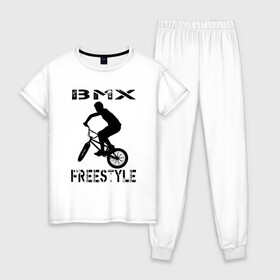 Женская пижама хлопок с принтом BMX FreeStyle , 100% хлопок | брюки и футболка прямого кроя, без карманов, на брюках мягкая резинка на поясе и по низу штанин | Тематика изображения на принте: bmx | freestyle | велик | велосипед | трюки | экстрим
