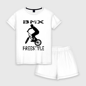 Женская пижама с шортиками хлопок с принтом BMX FreeStyle , 100% хлопок | футболка прямого кроя, шорты свободные с широкой мягкой резинкой | bmx | freestyle | велик | велосипед | трюки | экстрим