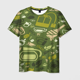 Мужская футболка 3D с принтом Tea pattern , 100% полиэфир | прямой крой, круглый вырез горловины, длина до линии бедер | bombing | pattern | tea | бомбинг | листья | напиток | текстуры | узор | чай