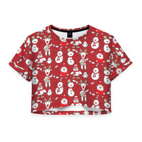 Женская футболка 3D укороченная с принтом Новый год , 100% полиэстер | круглая горловина, длина футболки до линии талии, рукава с отворотами | дед мороз | новогодний олень | новый год | олень | пингвин | подарок на новый год | снеговик