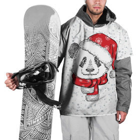 Накидка на куртку 3D с принтом Панда Санта , 100% полиэстер |  | дед мороз | зима | медведь | праздник | рождество | санта клаус | снег | шапка | шарф