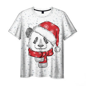 Мужская футболка 3D с принтом Панда Санта , 100% полиэфир | прямой крой, круглый вырез горловины, длина до линии бедер | Тематика изображения на принте: дед мороз | зима | медведь | праздник | рождество | санта клаус | снег | шапка | шарф
